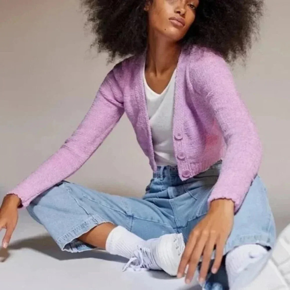 Urban Outfitters Dina Plush Soft Knit Cardigan Violet Purple Sz Medium - Picture 4 of 9